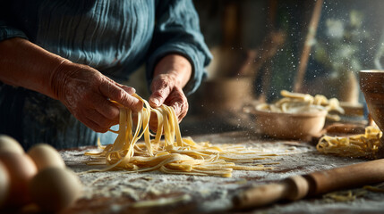 handmade pasta preparation in kitchen, traditional fresh pasta making, artisan cooking with homemade noodles
