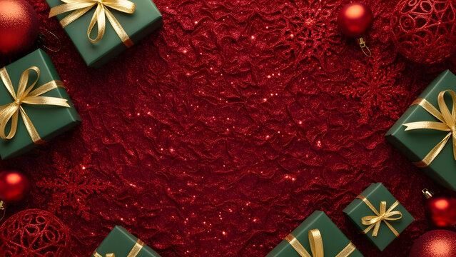 Festive christmas background with green gifts and red ornaments - Powered by Adobe