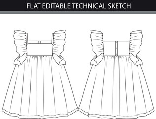 Girls Ruffle dress Fashion Flat Sketch Technical Drawing 