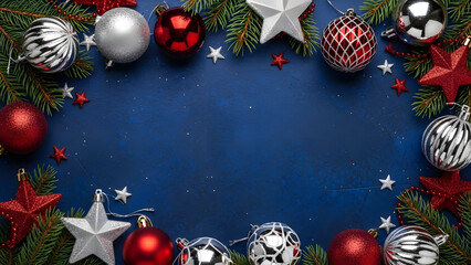 Christmas frame with red baubles and stars on dark blue background