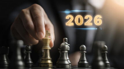 Strategic move for 2026 Hand playing chess with glowing date, representing future business planning and leadership.
