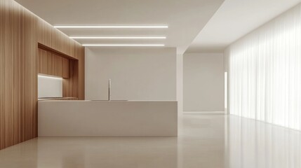 Empty minimalist kitchen with wooden and white details, luxury interior in white tones