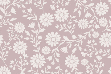 Elegant white daisy silhouettes and delicate botanical branches arranged over a muted mauve background, forming a soft, vintage-inspired seamless floral pattern perfect for decor and textiles.