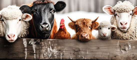 Group of six different farm animals peeking over wooden fence