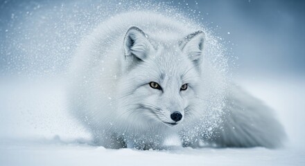 Fototapeta premium A resilient arctic fox, its pristine white fur covered in frost, battling a relentless blizzard close-up.