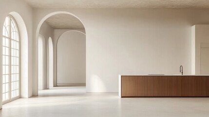 Empty minimalist kitchen with wooden and white details, luxury interior in white tones