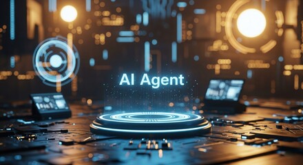 A sophisticated digital entity presented on an illuminated pedestal within a dynamic cybernetic holographic environment.