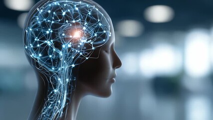 A side view of a human head with illuminated neural networks, representing the fusion of biology and digital intelligence. Perfect for themes of AI, neuroscience, and future technology - Powered by Adobe