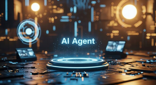 A sophisticated digital entity presented on an illuminated pedestal within a dynamic cybernetic holographic environment.