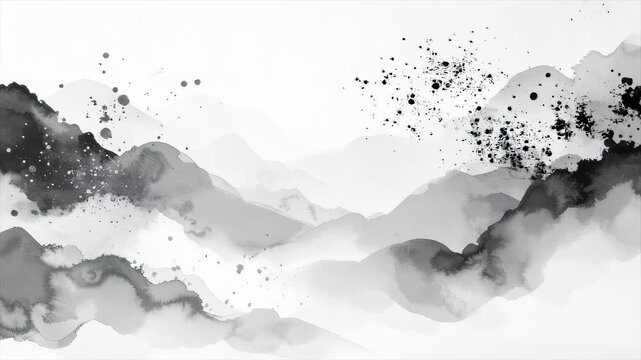 墨絵風 モノトーンの山並み スローズームアウト