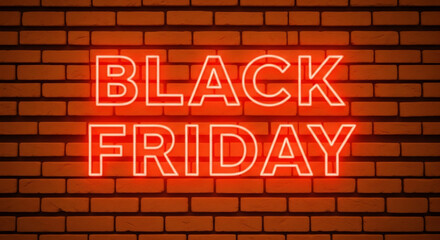 Obraz premium Neon sign displaying bold letters reading Black Friday, glowing vibrantly against a dark brick wall, symbolizing the excitement of holiday shopping and sales events. High quality photo