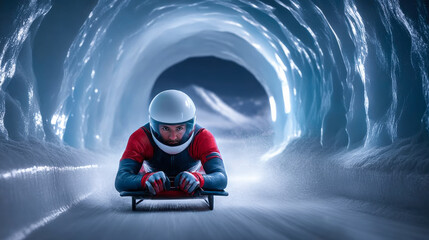 Obraz premium Luge athlete sliding through icy tunnel at high speed. Concept of track aerodynamics, winter racing technique, athlete performance visuals and sport documentation for editorial and analysis.