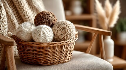 Obraz premium Wicker basket filled with balls of white and beige yarn sits near a soft beige armchair and dried pampas grass in a cozy warm interior.