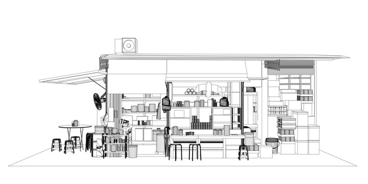 Naklejki A minimalist contour drawing of a bustling food stall kitchen, featuring simple tables, stools, and racks stocked with various culinary objects.