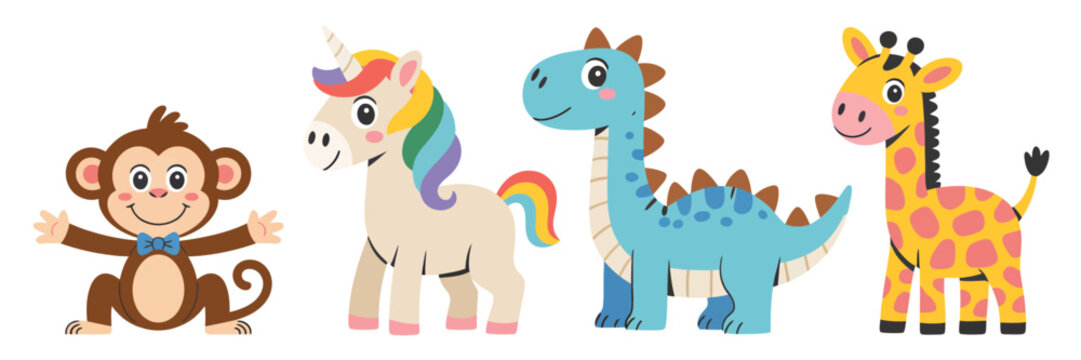 Adorable Animals Monkey Unicorn Dinosaur and Giraffe Soft Friendly Style