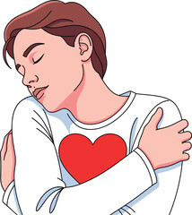 Self-love illustration—vector of person hugging self with short hair, white shirt, red heart, and peaceful face