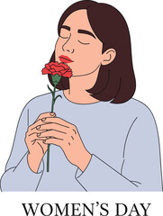 Women’s Day carnation tribute illustration—vector of serene person with red flower, blue shirt, and greeting text 