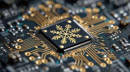 Macro view of computer microchip with golden snowflake symbol glowing on circuit board for futuristic Christmas technology concept