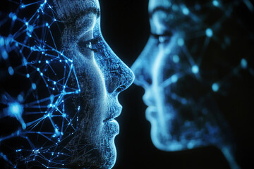 Interacting with digital holographic interface in futuristic virtual space innovation scene, generative ai