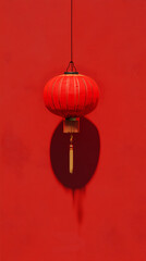 Fototapeta premium Soft minimal red backdrop with a simple glowing lantern, creating a calm festive Lunar New Year mood.