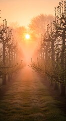 Naklejka premium Golden Sunrise Through a Foggy Avenue of Bare Trees.