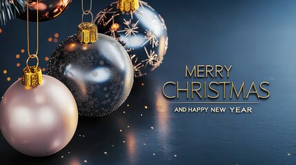 8K Ultra-HD Blush Gold Black Glitter Blue Pattern Christmas Ball, Quiet Luxury Festive Commercial Material, E-commerce Promotion Poster, High-End Holiday Print Material