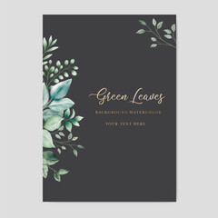 wedding invitation card template with green leaf watercolor on white background