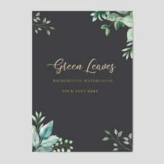 wedding invitation card template with green leaf watercolor on white background