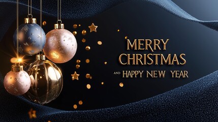 8K Ultra-HD Blue Gold Blush Gold Christmas Ball Black Glitter Background, Quiet Luxury Style Festive Commercial Material, E-commerce Promotion Poster, High-End Holiday Print Material
