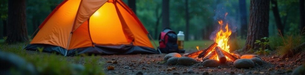 Close-up of camping gear, tent, backpack, fire pit, rocks, forest