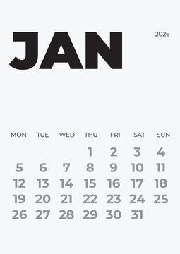 Calendar 2026 January. Week starts on Monday. Vertical planner. Vector Page A4