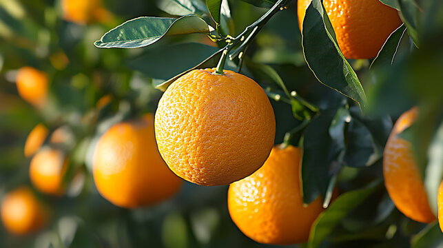 Fresh Oranges on Tree Branch with Green Leaves for Fruit Poster, Healthy Nutrition Promotion, Agricultural Display, Natural Food Design