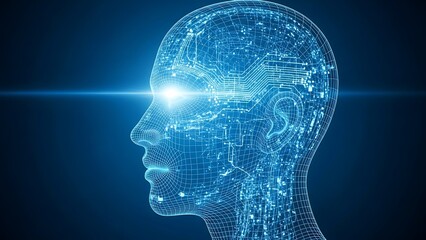 Advanced Artificial Intelligence Brain Processing Digital Information and Data Streams in a Futuristic Cybernetic Human Head Wireframe Profile with Glowing Circuits and Bright Light Beam Rep