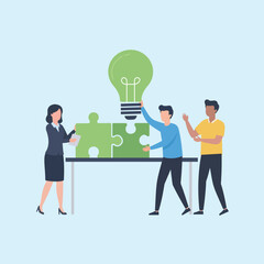 Business Team Assembling Puzzle Pieces to Form a New Idea Lightbulb.