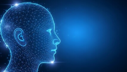 Advanced Artificial Intelligence Concept Showcasing a Digital Human Head Profile with Intricate Wireframe Connections and Glowing Neural Pathways on a Vibrant Blue Background Representing Fu