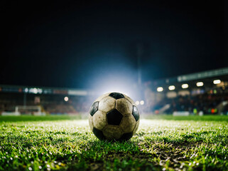 Soccer ball stadium grass night lights copy space sports betting gambling concept online bookmaker match prediction football game win excitement background banner promotion competition event dark