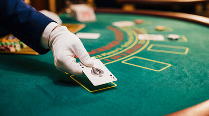 Dealer hand dealing cards green felt table copy space casino blackjack poker gambling game professional croupier service luxury atmosphere entertainment betting concept close up background banner