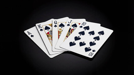 Obraz premium Royal flush poker cards hand black reflective background copy space gambling winning combination aces spades luxury casino game strategy luck concept banner promotion clean minimalist design