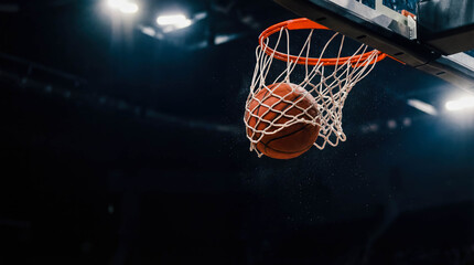 Basketball hoop net ball going through night lights copy space sports betting gambling concept score goal winning shot game match prediction background banner promotion competition energetic dark