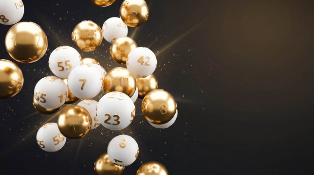 Golden lottery balls flying air copy space keno bingo game background winning numbers jackpot concept 3d render gambling luck chance fortune prize shiny spheres luxury banner promotion design element