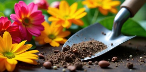 Close-up of vibrant flowers, gardening trowel , spade, gloves