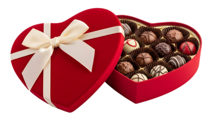 Heart shaped box of assorted gourmet chocolate truffle candy isolated on transparent background