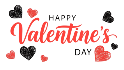 Happy valentines day greeting text with hand drawn heart illustration isolated on transparent background
