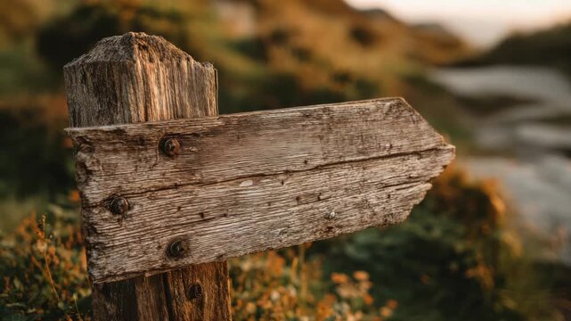 Weathered Wooden Directional Sign Amidst Coastal Foliage Under Warm Sunlight Guiding Travellers on a Path Through Lush Greenery and Sandy Terrain with Overcast Skies