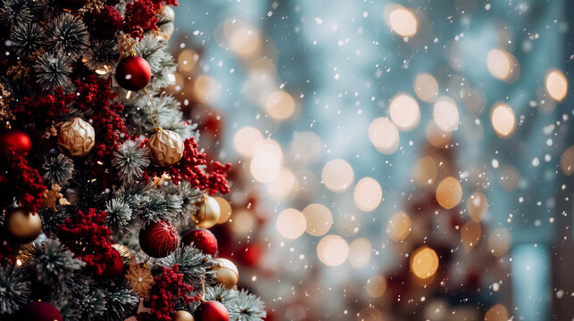 A close-up of a Christmas tree adorned with red and gold ornaments surrounded by a blurred background of lights and snowflakes