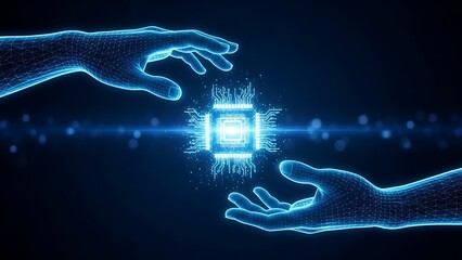 Digital Humanoid Hands Interacting with a Luminous Microchip Representing Advanced Artificial Intelligence and Future Computing Technologies in a Secure Data Network Environment