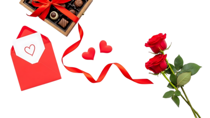 Valentines day gift concept with rose, chocolate, and love letter isolated on transparent background