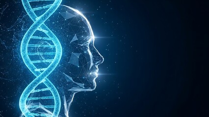 Digital Representation of a Human Head Profile Merged with a Glowing Blue DNA Double Helix, Symbolizing Advanced Biotechnology, Genetic Engineering, and the Future of Scientific Innovation i