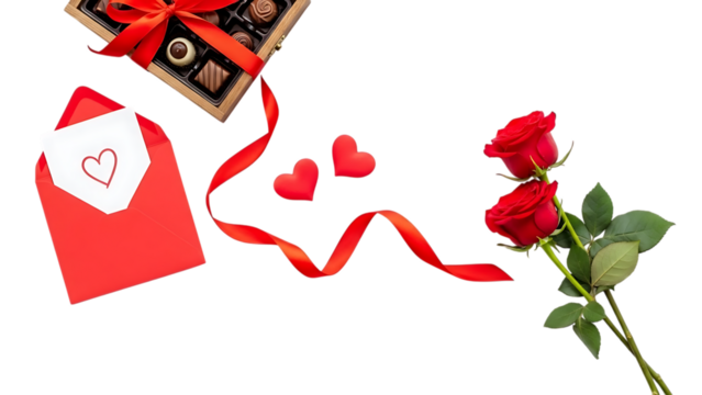 Valentines day gift concept with rose, chocolate, and love letter isolated on transparent background - Powered by Adobe