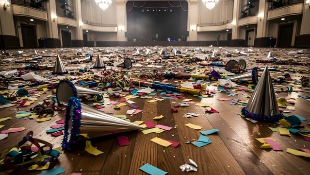 The morning after the Midnight countdown to 2026. A deserted ballroom floor is overwhelmed with the colorful remnants of a massive party: scattered confetti, shiny streamers, and abandoned silver par - Powered by Adobe